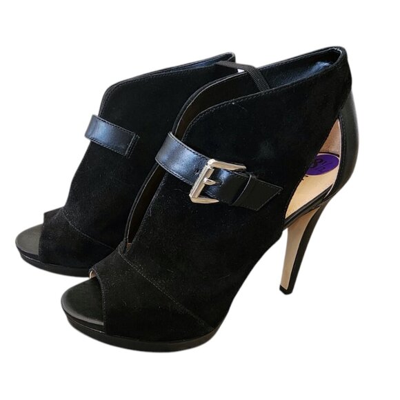 New MICHAEL Kors Black Suede Leather Isabella Open Peep Toe Heels Bootie Shoes - Picture 1 of 16